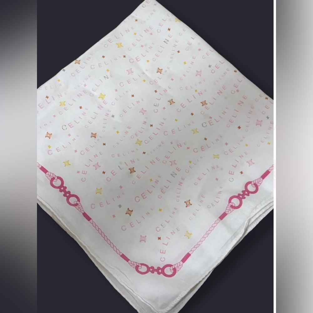 Celine Logo Scarf Pocket Square 18x18 Pink White Cotton Designer Luxury Gift - Picture 2 of 6